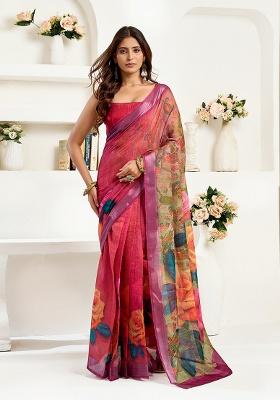 Multicolor Printed Linen Saree Set