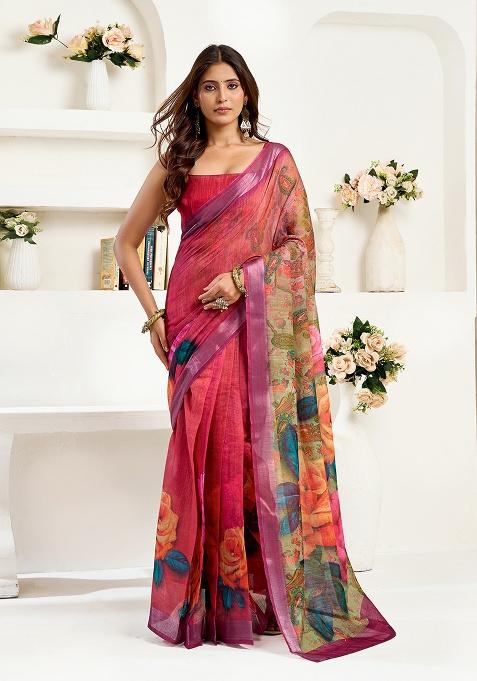 Multicolor Printed Linen Saree Set
