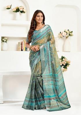 Multicolor Printed Linen Saree Set