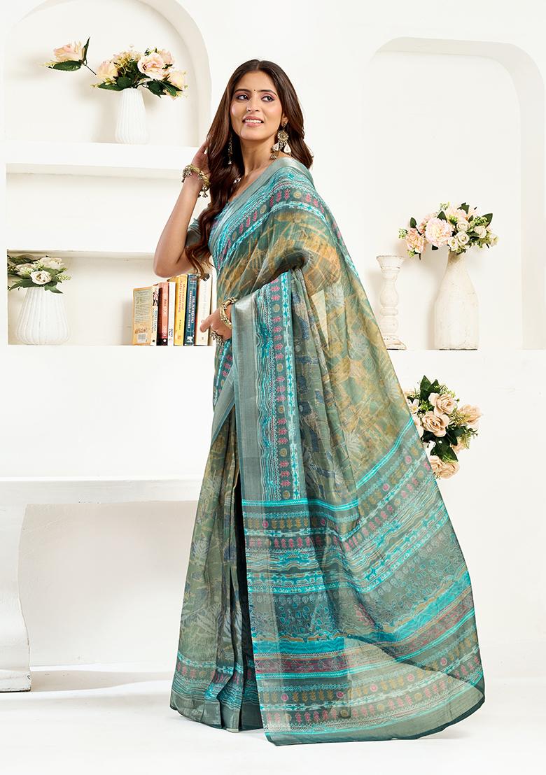 Multicolor Printed Linen Saree Set - Indya