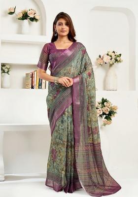 Multicolor Printed Linen Saree Set