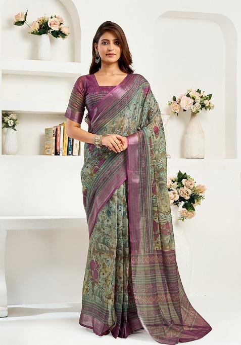 Multicolor Printed Linen Saree Set