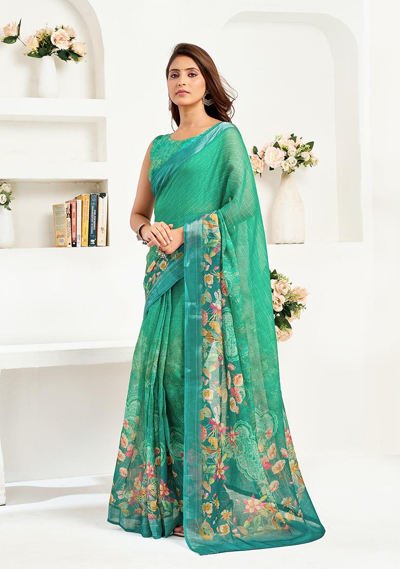 Green Printed Linen Saree Set - Indya