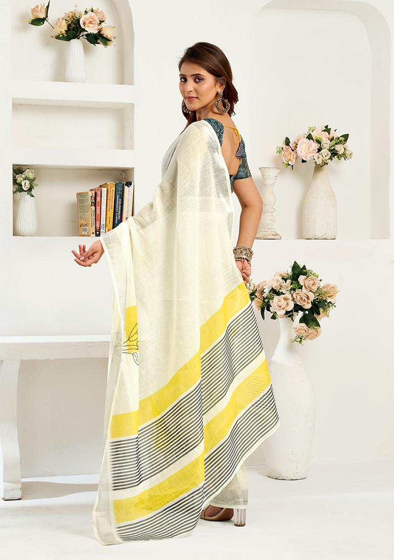 White Printed Linen Saree Set - Indya