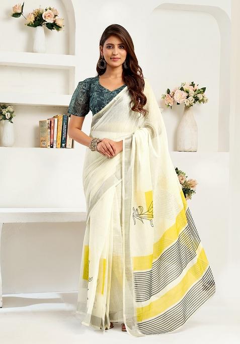White Printed Linen Saree Set