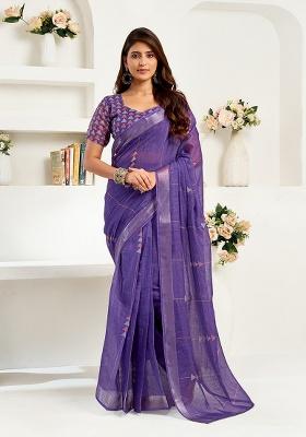 Purple Printed Linen Saree Set
