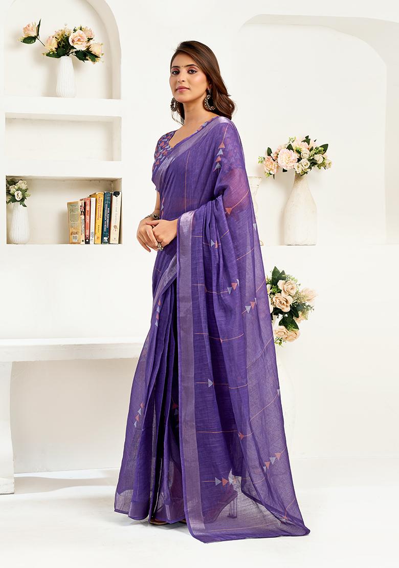 Purple Printed Linen Saree Set - Indya