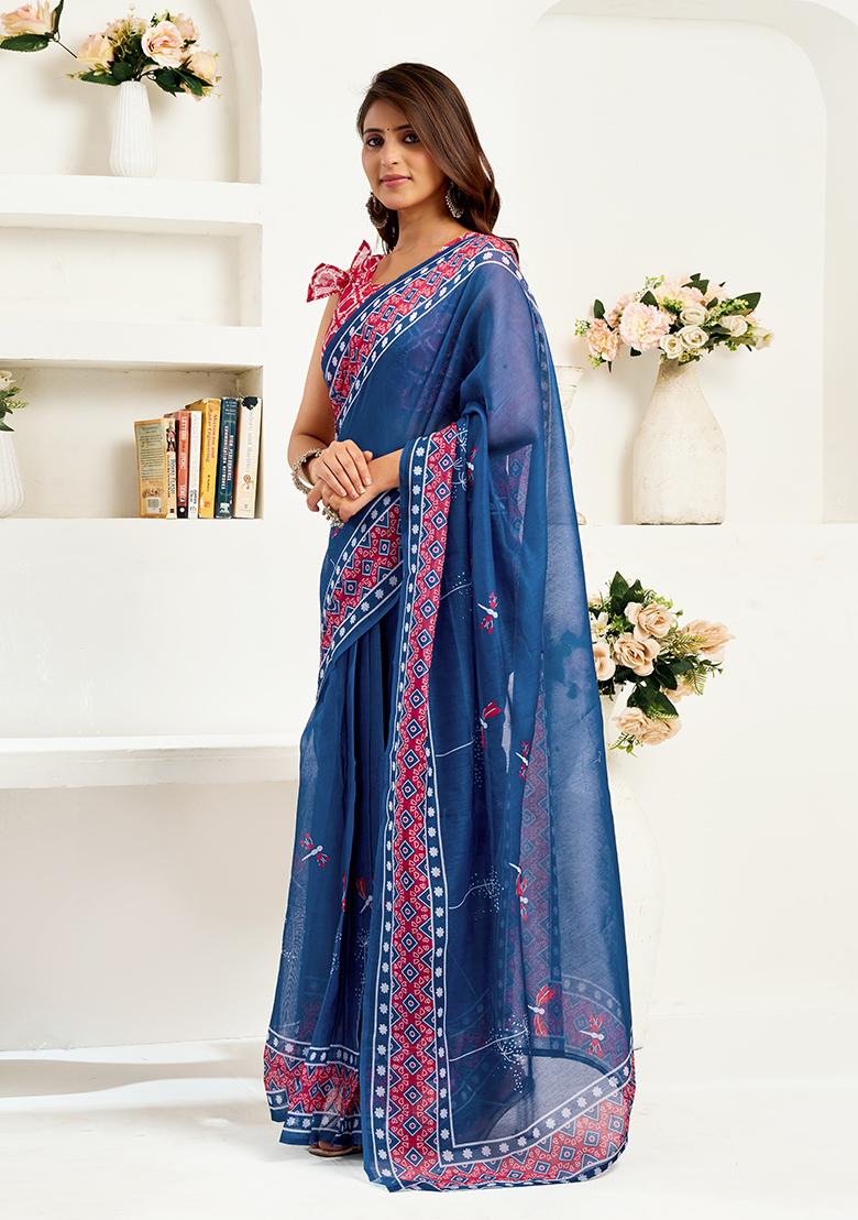 Blue Printed Linen Saree Set - Indya