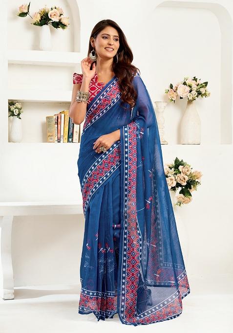 Blue Printed Linen Saree Set