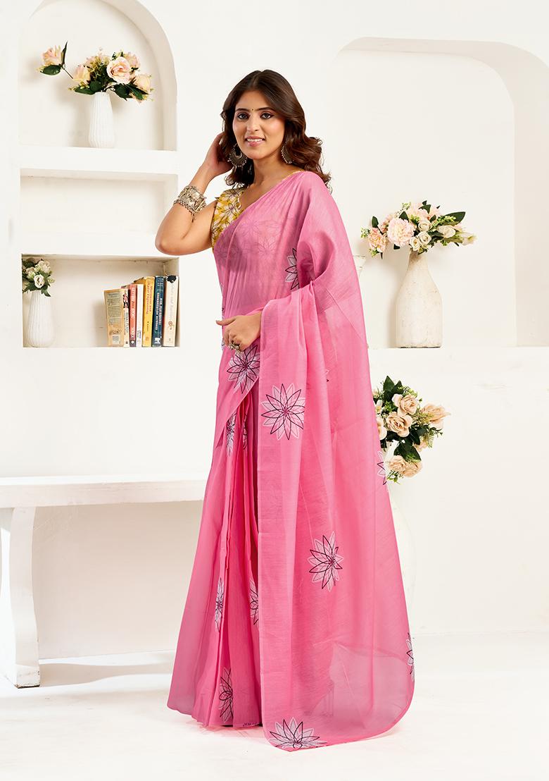 Pink Printed Linen Saree Set - Indya