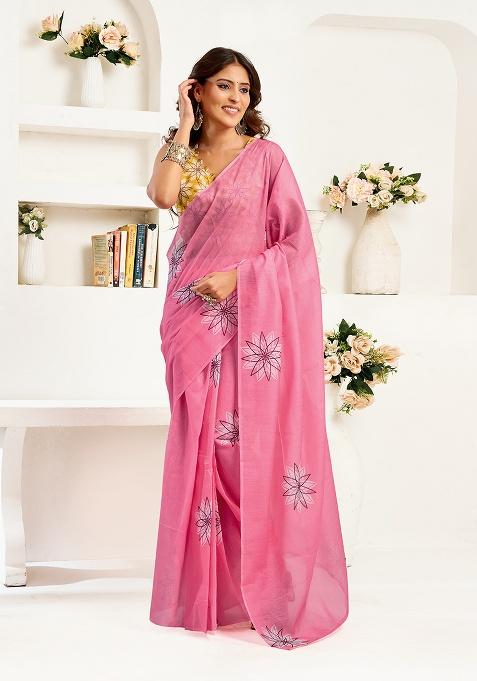 Pink Printed Linen Saree Set