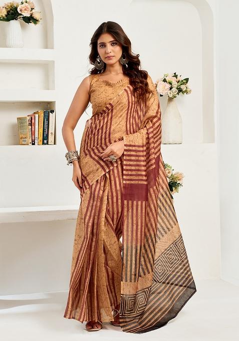 Brown Printed Linen Saree Set