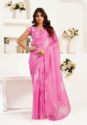 Pink Printed Linen Saree Set
