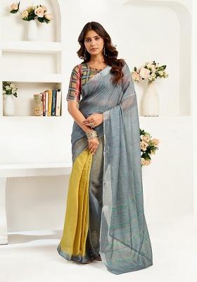 Multicolor Printed Linen Saree Set