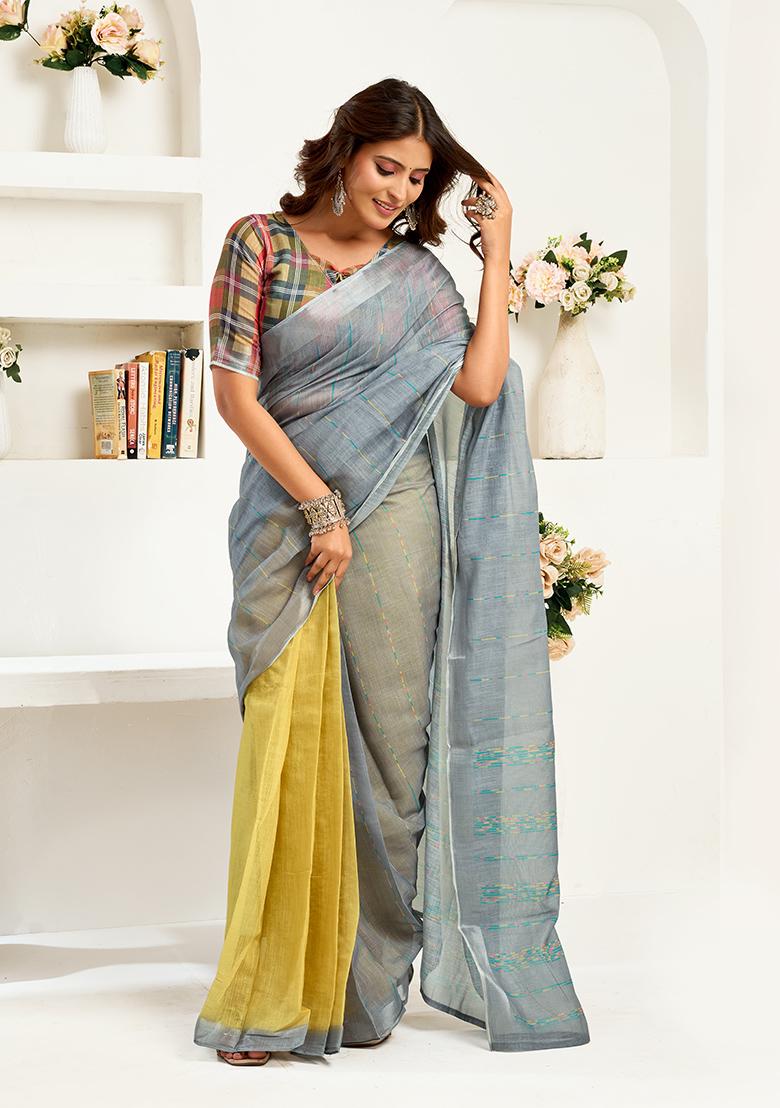 Multicolor Printed Linen Saree Set - Indya