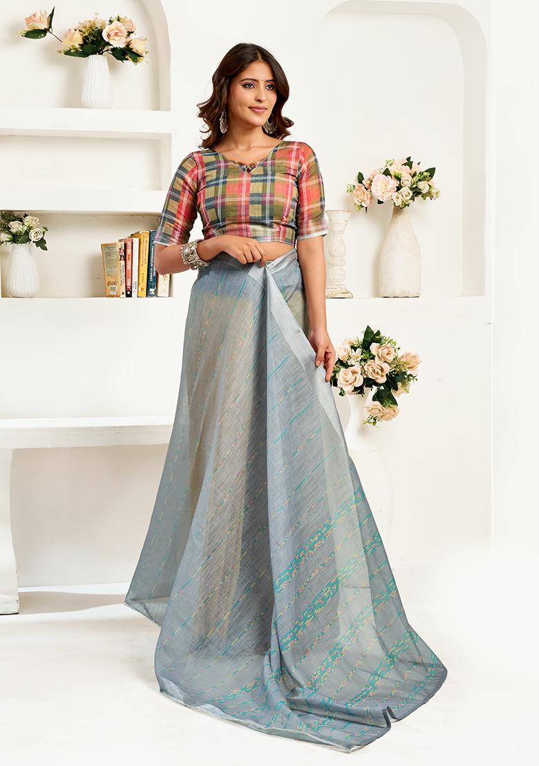 Multicolor Printed Linen Saree Set - Indya