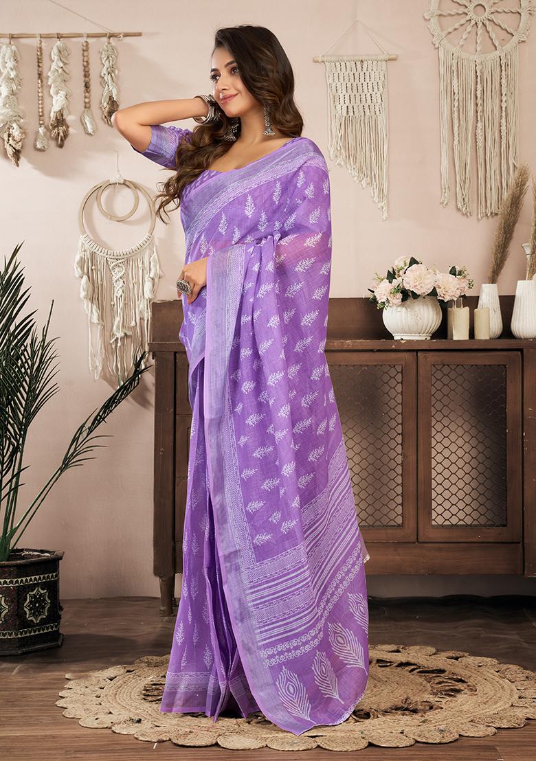 Lavender Printed Linen Saree Set - Indya