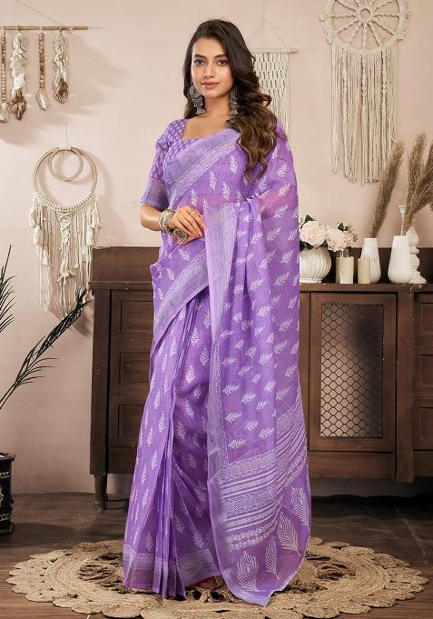 Lavender Printed Linen Saree Set