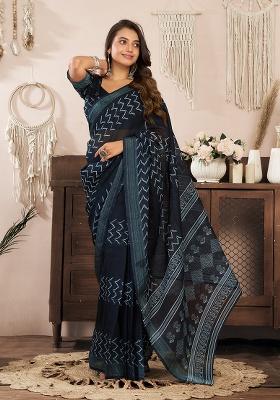Black Printed Linen Saree Set