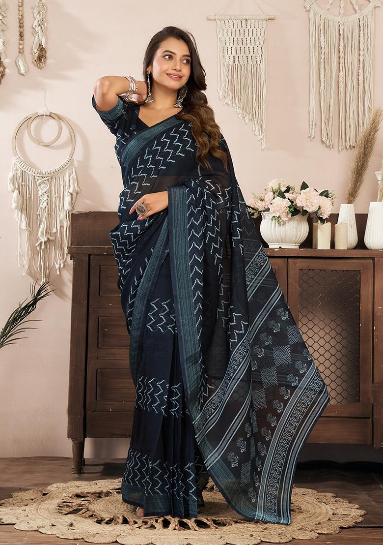 Black Printed Linen Saree Set - Indya