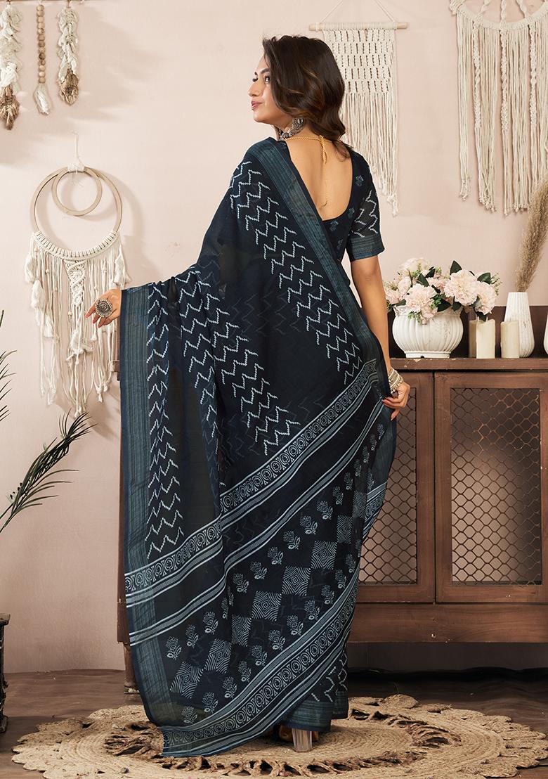 Black Printed Linen Saree Set - Indya