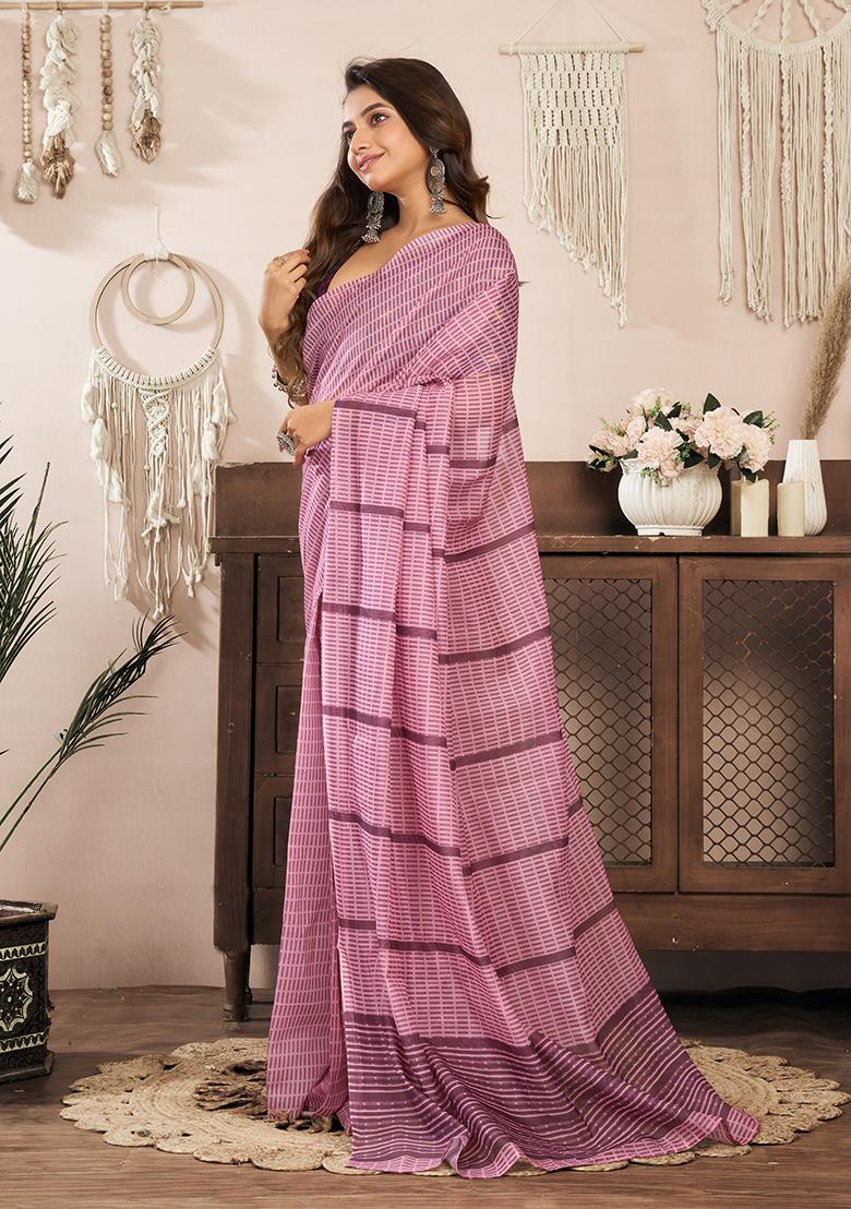 Peach Printed Linen Saree Set - Indya