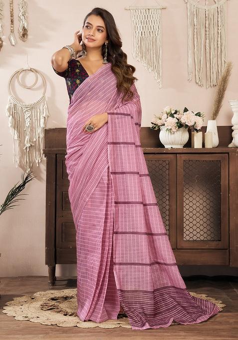 Peach Printed Linen Saree Set