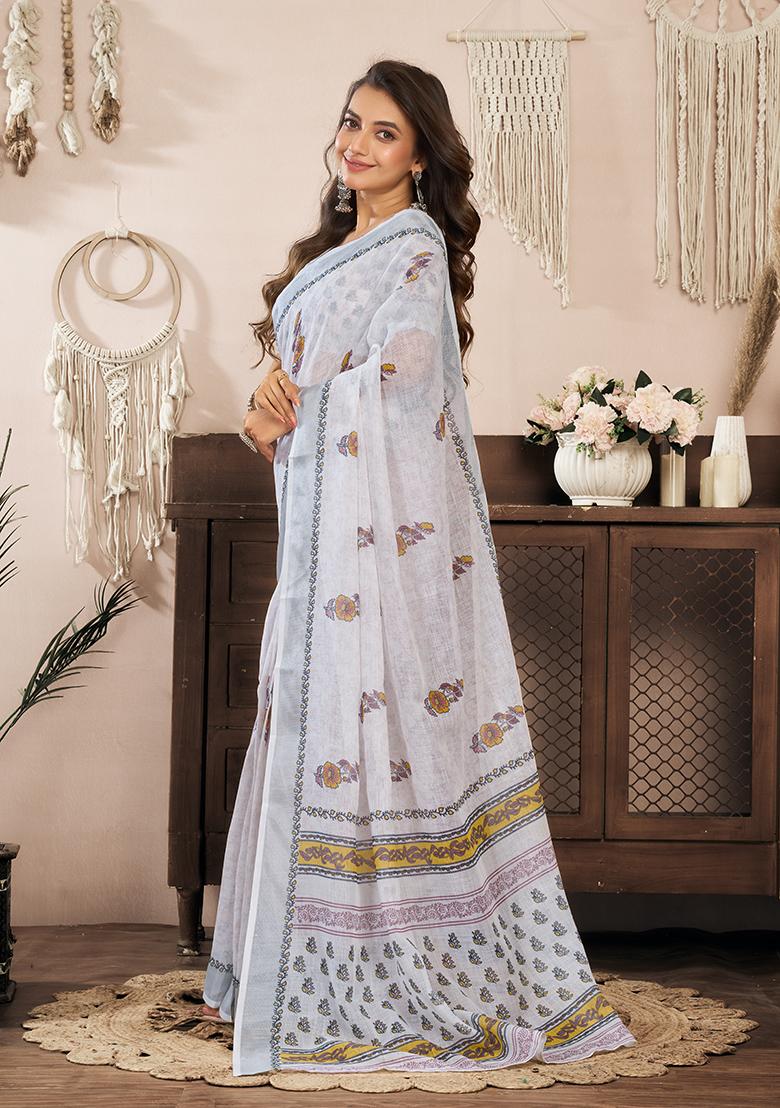 White Printed Linen Saree Set - Indya