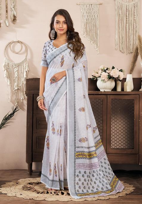 White Printed Linen Saree Set