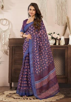 Purple Printed Linen Saree Set