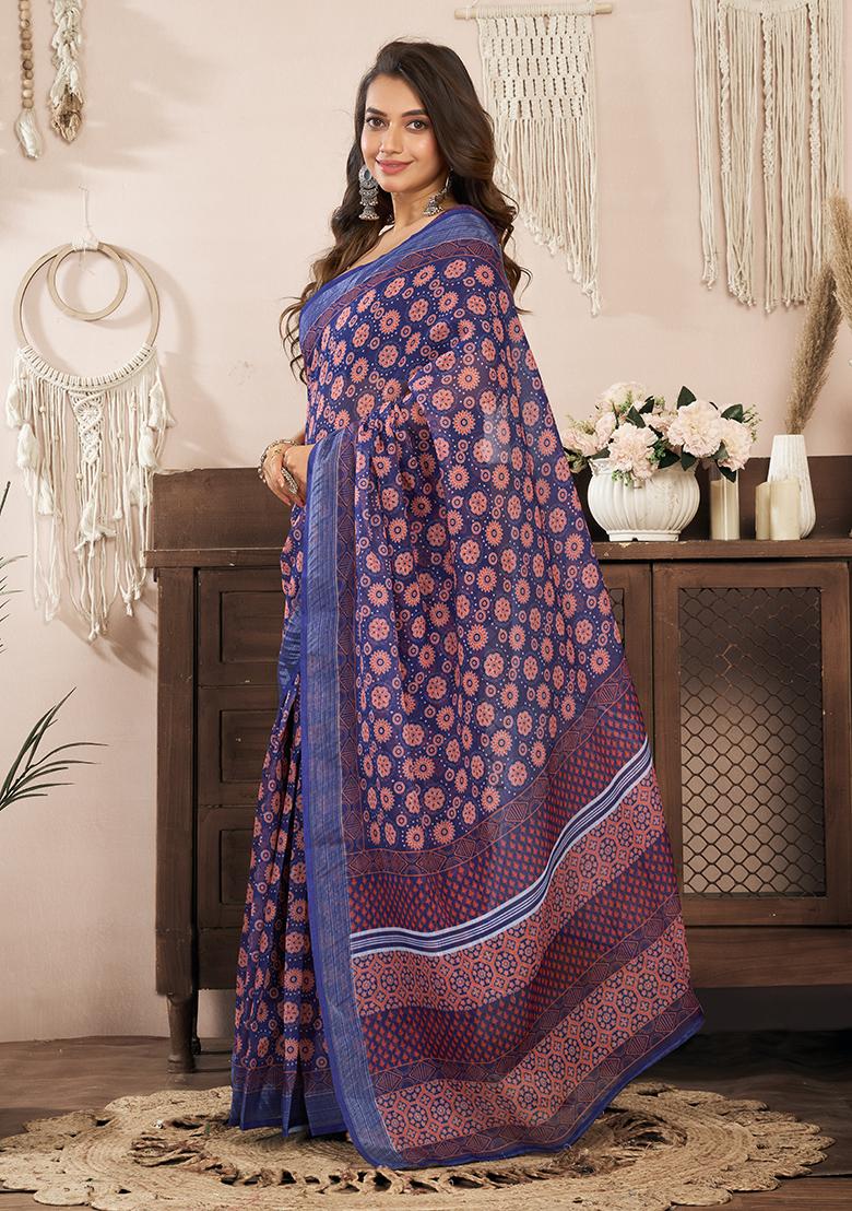 Purple Printed Linen Saree Set - Indya