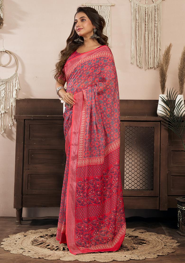Red Printed Linen Saree Set - Indya