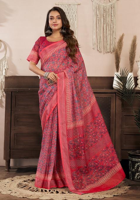 Red Printed Linen Saree Set