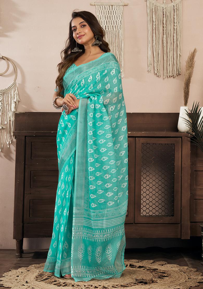 Aqua Blue Printed Linen Saree Set - Indya