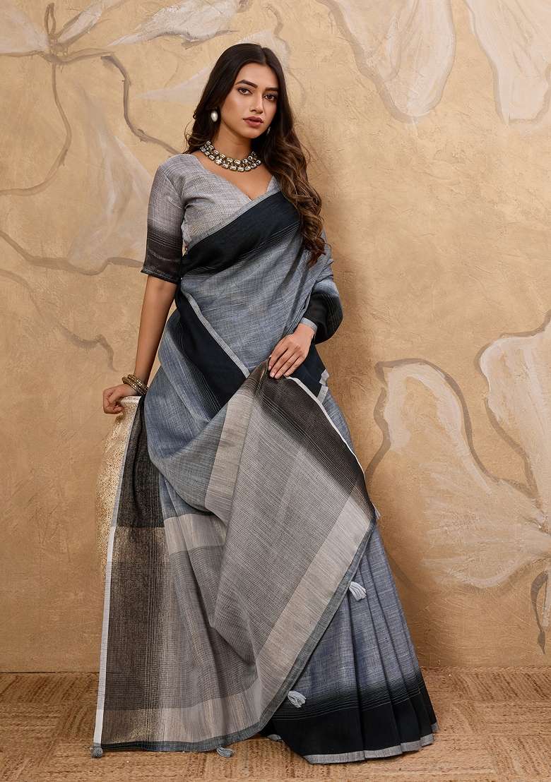 Black Printed Linen Saree Set - Indya