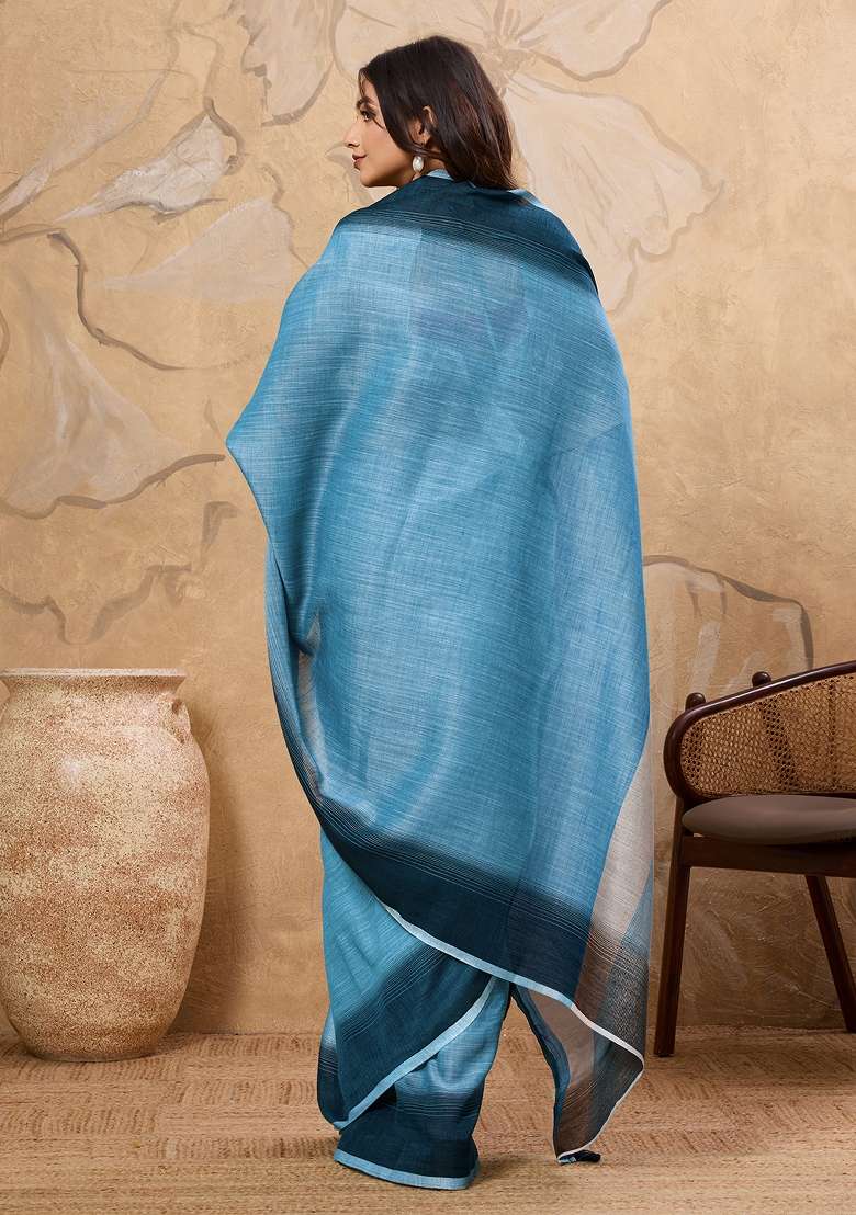 Blue Printed Linen Saree Set - Indya