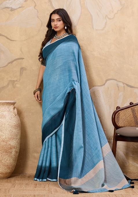 Blue Printed Linen Saree Set
