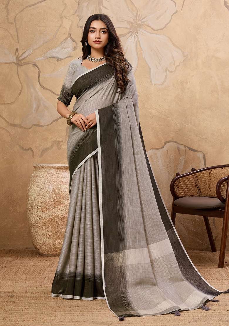 Grey Printed Linen Saree Set - Indya