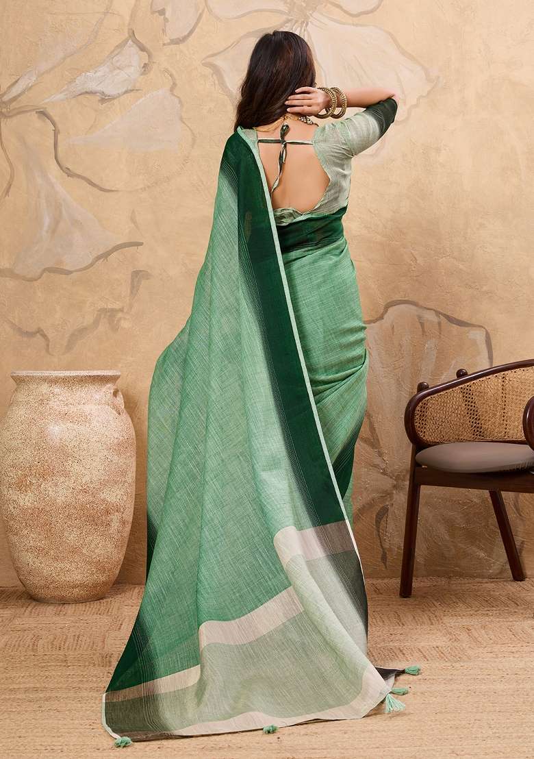 Green Printed Linen Saree Set - Indya