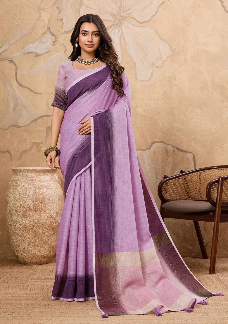 Lavender Printed Linen Saree Set - Indya