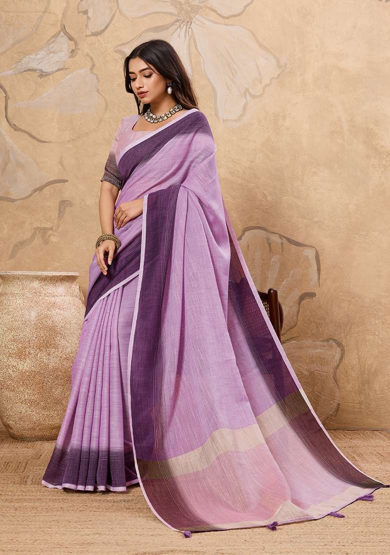 Lavender Printed Linen Saree Set - Indya