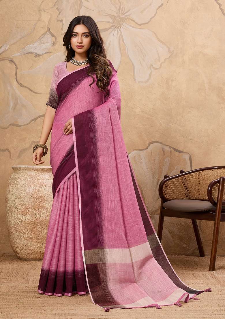 Pink Printed Linen Saree Set - Indya