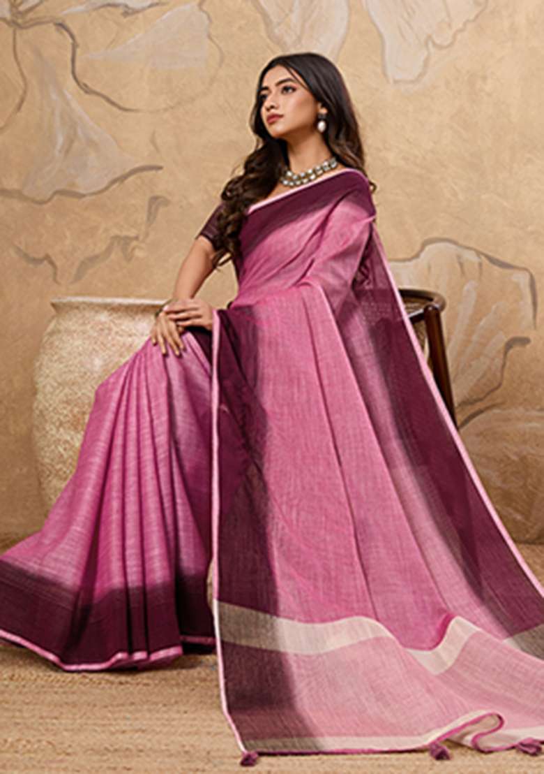 Pink Printed Linen Saree Set - Indya