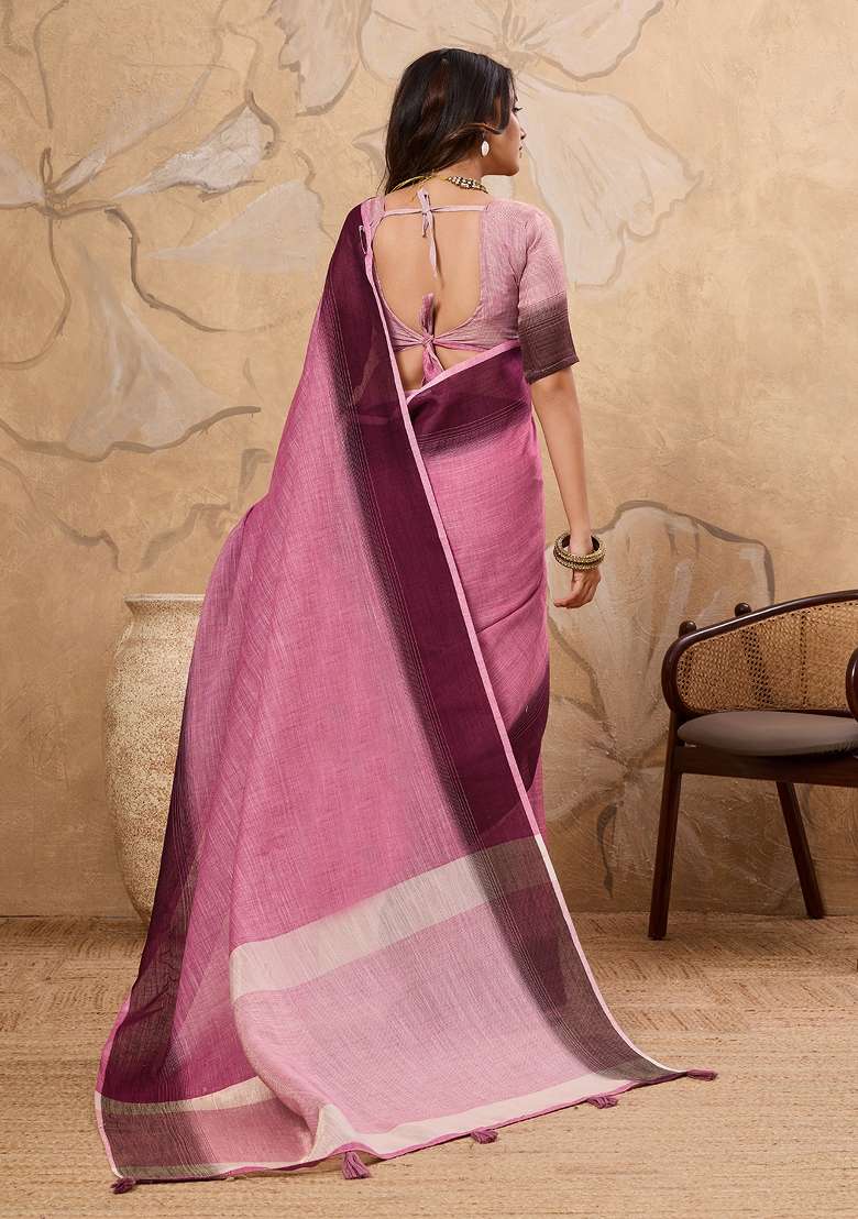 Pink Printed Linen Saree Set - Indya