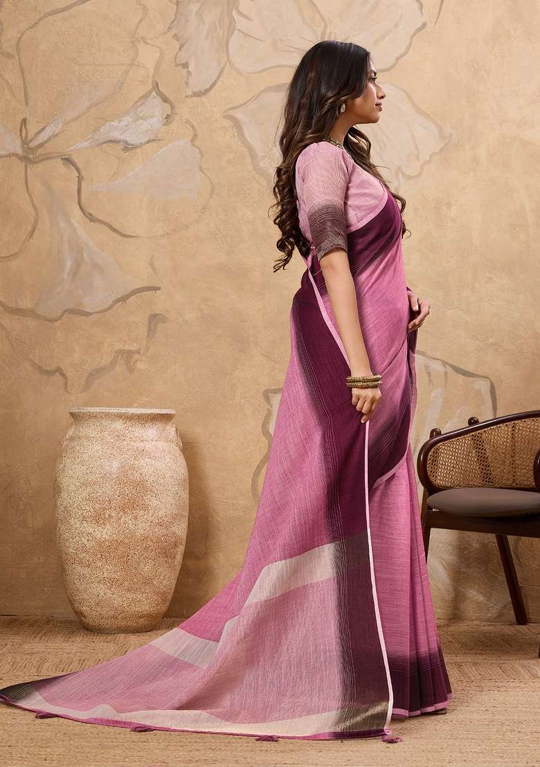 Pink Printed Linen Saree Set - Indya