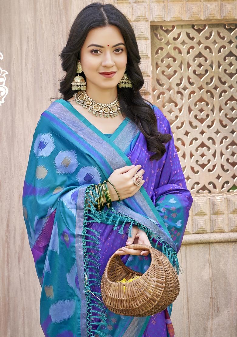 Blue Printed Silk Saree Set - Indya