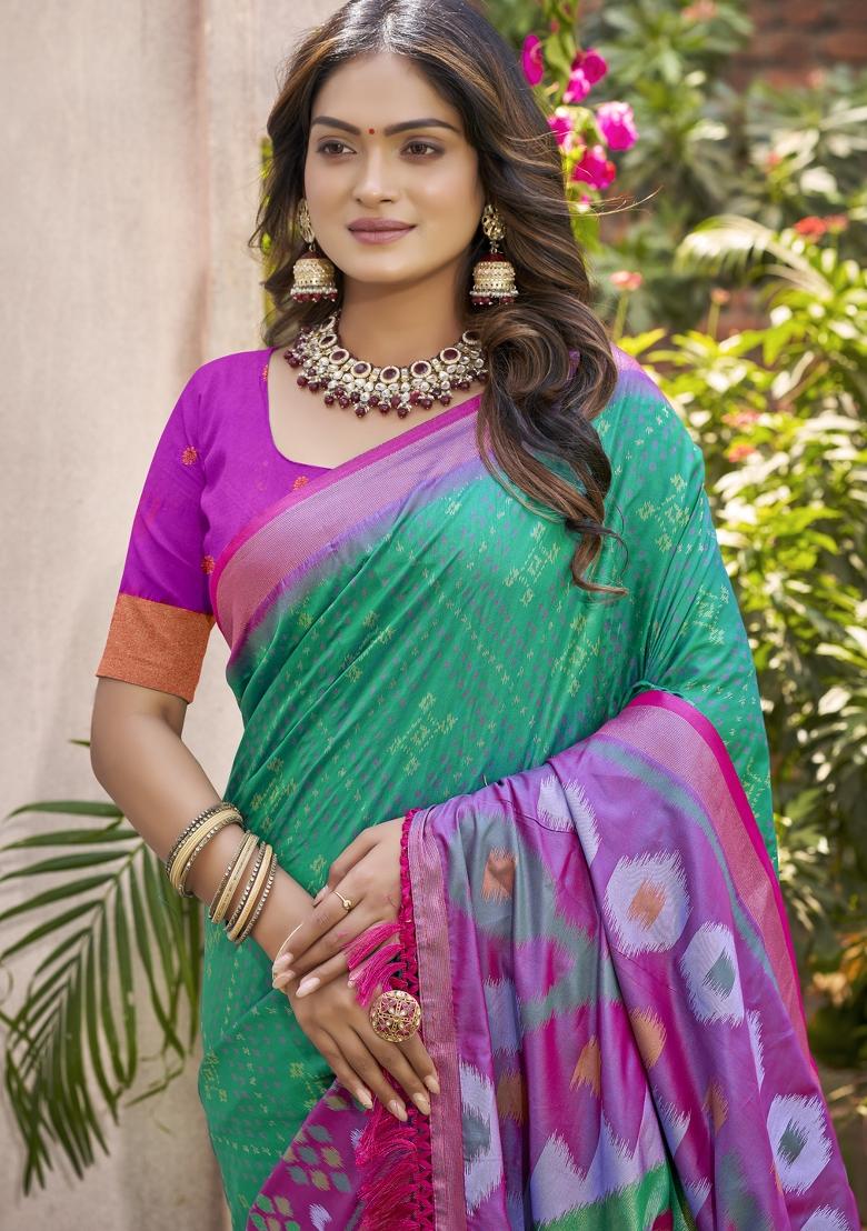 Dark Green Printed Silk Saree Set - Indya