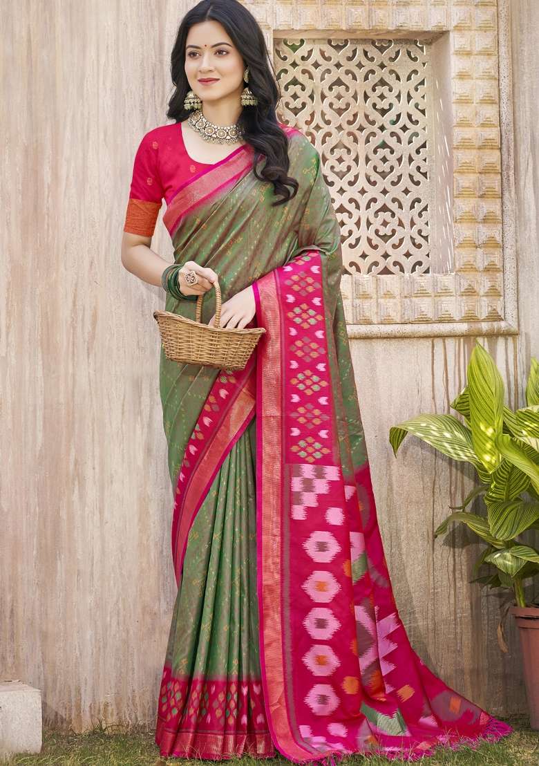 Mehendi Printed Silk Blend Saree Set for Diwali and Festive Wear - Indya