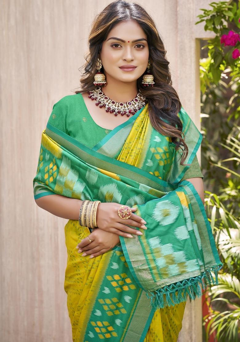 Mustard Printed Silk Saree Set - Indya