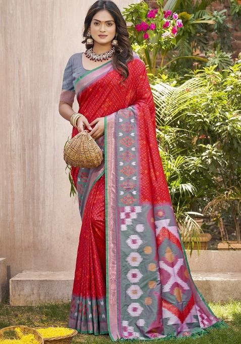 Red Printed Silk Saree Set